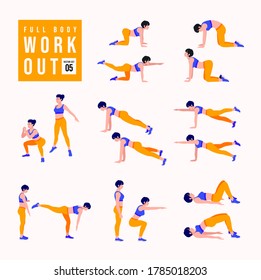 Full Body Workout Set. Women doing fitness and yoga exercises. Lunges, Pushups, Squats, Dumbbell rows, Burpees, Side planks, Situps, Glute bridge, Leg Raise, Russian Twist, Side Crunch .etc