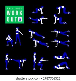 Full Body Workout Set. Women doing fitness and yoga exercises. Lunges, Pushups, Squats, Dumbbell rows, Burpees, Side planks, Situps, Glute bridge, Leg Raise, Russian Twist, Side Crunch .etc