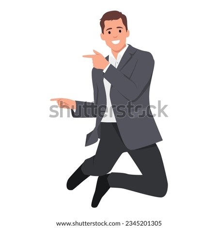 Full body young employee IT business man corporate lawyer wear classic formal shirt tie work in office point index finger aside indicate on area copy space mock up. Flat vector illustration isolated
