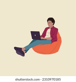 Full body young employee businessman corporate wears formal shirt office sit in bag chair hold use work on a laptop editable illustration 
