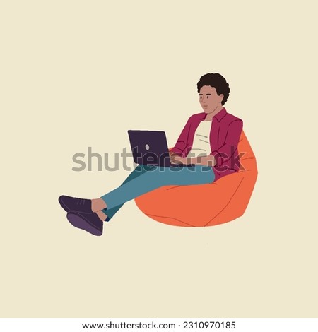 Full body young employee businessman corporate wears formal shirt office sit in bag chair hold use work on a laptop editable illustration 
