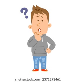 Full body of a young man wearing a hoodie with doubts