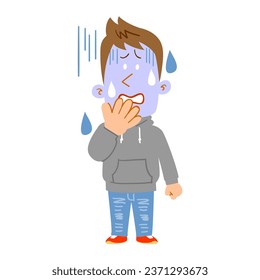 Full body of a young man wearing a hoodie, his face turning pale