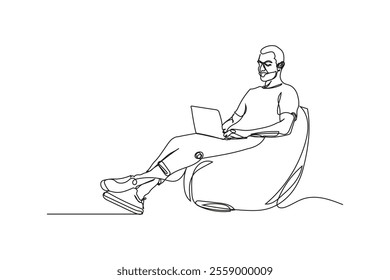 Full body young IT middle eastern man sit in bag chair hold use work on laptop pc computer. Lifestyle concept. Modern Minimalist One Line Drawing	
