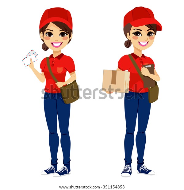 真っ赤な制服を着た革袋とフォルダーと郵便と小包を配達する 全身の若い郵便配達員 のベクター画像素材 ロイヤリティフリー