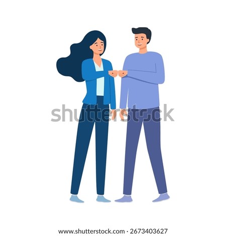 Full body young smiling happy couple two friends giving a fist bump in agreement. 