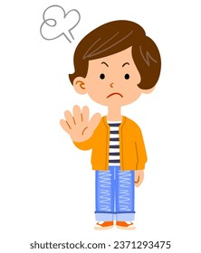 Full body of a young woman in casual clothes who angrily refuses