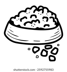 Full bowl of pet food. Hand drawn doodle. Caring for animals. Feeding cat and dog. Dry or wet. Health care. Vector line art illustration.