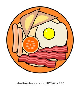 Full breakfast with sausages, bacon, toasts, fried egg, and beans. Breakfast plate isolated on white.