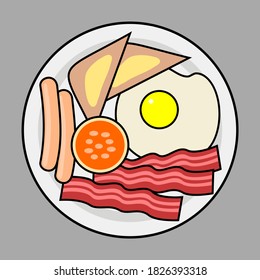 Desayuno completo con salchichas, bacon, tostadas, huevo frito y judías.