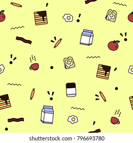 Full breakfast seamless pattern. Coffee, milk, pancakes, chocolate, sausage, bacon, sandwich with eggs