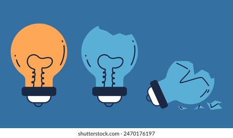 Lámpara de luz completa y rota concepto de idea aislada. Ilustración de Diseño gráfico plano de Vector
