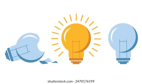 Volle und gebrochene Lampe isolierte Idee Konzept. Vektorgrafik flaches Grafikdesign Illustration
