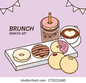 Full brunch collection: donuts with glazed and iced-hot coffee. Tasty brunch restaurant product vector illustration flat cartoon drawing.