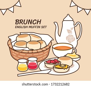 Full Brunch Collection: English Muffin With Fruit Jam, Butter And Tea. Tasty Brunch Restaurant Product Vector Illustration Flat Cartoon Drawing.