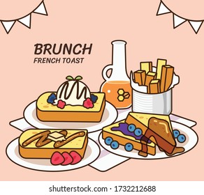 Full brunch collection: traditional french toast and different topping  Tasty brunch restaurant product vector illustration flat cartoon drawing 
