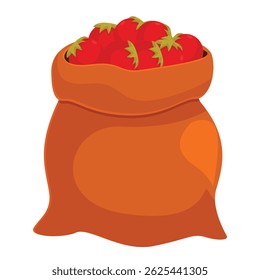 Saco de burlap cheio está transbordando com tomates recém-colhidos, maduros, vermelhos