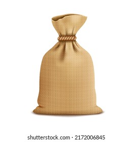 Full burlap sack with rope, for products. Vector icon.
