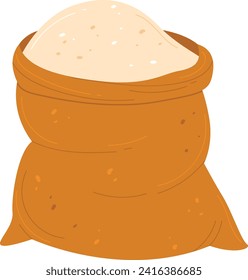 A full burlap sack, tied off and bulging with what appears to be white contents, commonly interpreted as a large bag of flour or grain. Agricultural produce and food industry vector illustration.