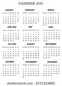 Full calendar of 2025 from January to December