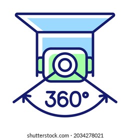 Full camera rotation RGB color manual label icon. Shoot aerial omnidirectional photography. Panoramic view. Isolated vector illustration. Simple filled line drawing for product use instructions