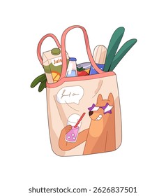 Full canvas or tote eco bag with grocery products. Fabric pack with goods, foodstuff from supermarket. Ecobag, shopper with food from shop. Flat isolated vector illustration on white background