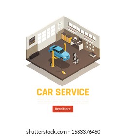 Full car service garage auto repair check spare parts change including tires transmission isometric composition vector illustration 