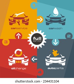 Full car service info graphic. Auto parts and garage flat design concept. Web template transportation icons and symbols set. Maintenance and repair background idea.