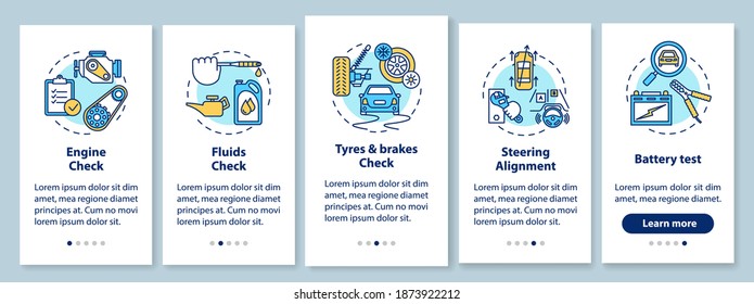 Full car service onboarding mobile app page screen with concepts. Engine check, alignment, battery test walkthrough 5 steps graphic instructions. UI vector template with RGB color illustrations