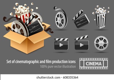 Cine lleno de caja de cartón y equipo de rodaje para películas. Juego de iconos blancos negros. El petardo del director, disco con carrete, aislado en segundo plano. Ilustración del vector EPS10.