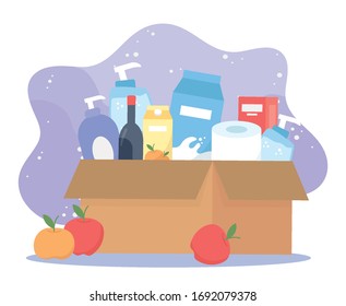 full cardboard box with wine, food toilet paper cleaning products, excess purchase vector illustration