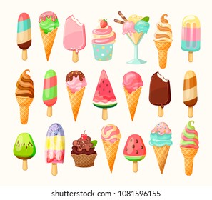 Full Cartoon Ice cream collection of summer delicious in flat style. 21 tasty colorful sundaes, gelatos isolated on white background. Vector illustration.