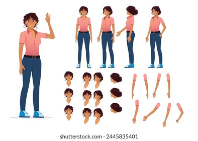 Kit de personaje completo de una mujer con múltiples ángulos y expresiones emocionales listo para la animación.