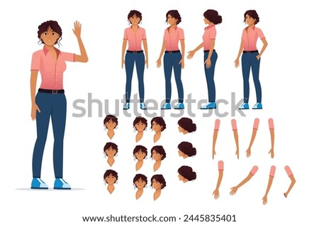 Full character kit of a woman with multiple angles and emotional expressions ready for animation.