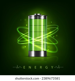 full charge battery energy and power saving concept background design template, green color 3D battery icon with glowing curve electric lines element vector illustration backdrop.