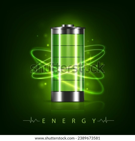 full charge battery energy and power saving concept background design template, green color 3D battery icon with glowing curve electric lines element vector illustration backdrop.