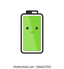 Full charged battery character with cute face isolated on white background. Accumulator cartoon design.