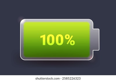 Full charged battery icon in glass morphism style. Green one hundred percent charge indicator on dark background