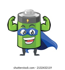 Full charged green battery.Strong battery man standing and shows his muscles. Charging indication. Element of alternative energy. 