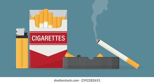 Full cigarette pack and gas lighter. Ashtray with smoldering cigarettes with smoke. ashtray ceramic with cigarette butts. Stop tobacco smoking. Bad habit, unhealthy lifestyle. nicotine product. vector