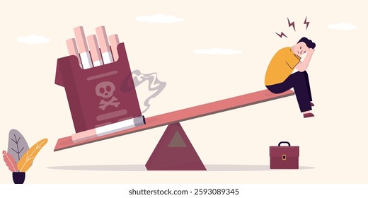 Full cigarette pack and unhappy smoker on seesaw. Sad male character cannot give up smoking tobacco, nicotine addiction. Heavy smoking burden on scales. Bad habit, unhealthy lifestyle. flat vector