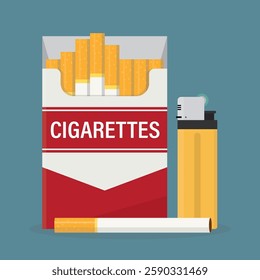 Full cigarette pack and yellow gas lighter. Bad addiction, tobacco and nicotine product. Smoking kills, unhealthy lifestyle. Red and white pack, mockup. Smoke problem. No smoking. vector illustration