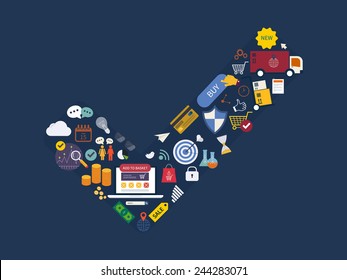 Full circle of market research, advertisement, online shopping, e-commerce service, payment and delivery. All elements are presented as symbol yes. Concept leads to success.