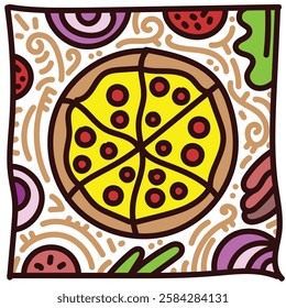 Full circle pizza with colorfull doodle and vegetables. Simple illustration. Hand drawn doodle for sticker, postcard, wallpaper, mural, fabric, prints, wall decor, clothing, etc