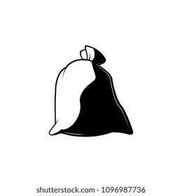 Full closed knotted sack monochrome silhouette - black and white symbol of tied canvas bag isolated on white background. Household or farming stuff in vector illustration.