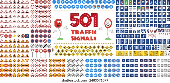 Full collection of 501 Traffic or Road signals isolated on white background. Vector illustration icon set