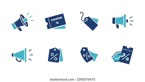 full collection of megaphone promotion tag icon set discount shopping special offer symbol illustration for market sale online voucher commerce design vector	