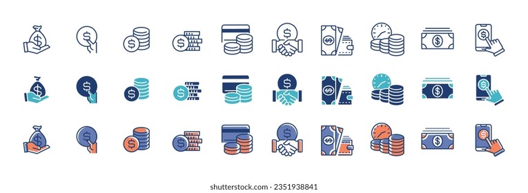 full collection of money icons with all variants of styles. stacked coins, bank, cash, earning, salary, and more symbol illustration finance business signs design