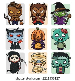 Colección completa Monstruo del personaje de Halloween Jack-o'-lantern Vampire Zombie Ghost Death Mummy Witch Scarecrow y Green man