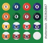Full collection of numbered billiard balls including solids, stripes and cue ball. Professional vector illustration isolated on green background for sports graphics, billiard equipment, icons and game design.